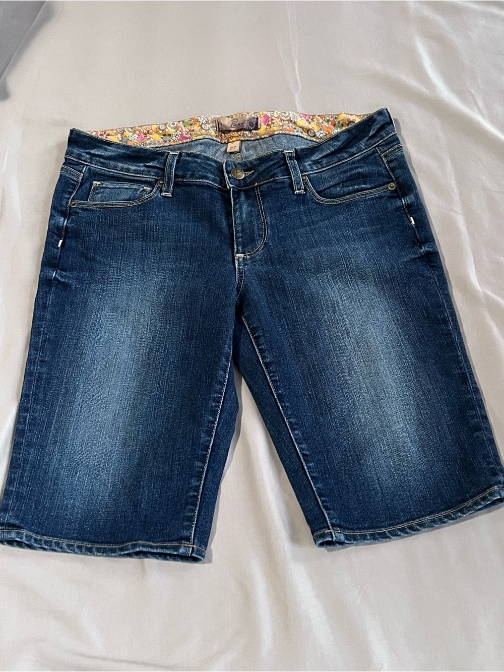 PAIGE Dark Blue Cropped Denim Shorts - Faded Indigo